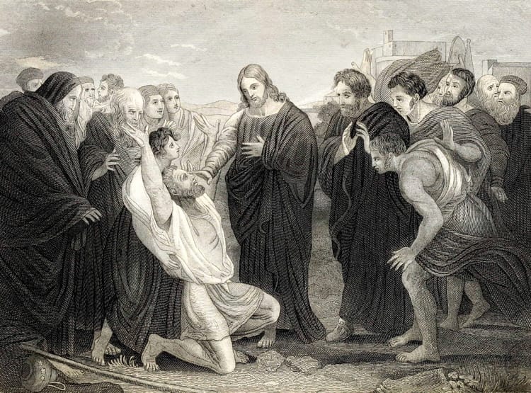 Jesus heals a man with leprosy. 