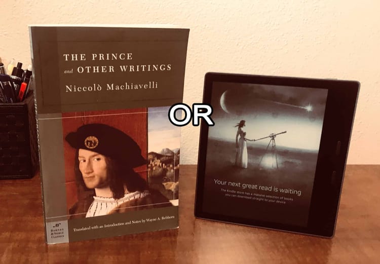 A paper book on the left and an Amazon Kindle e-reader on the right.