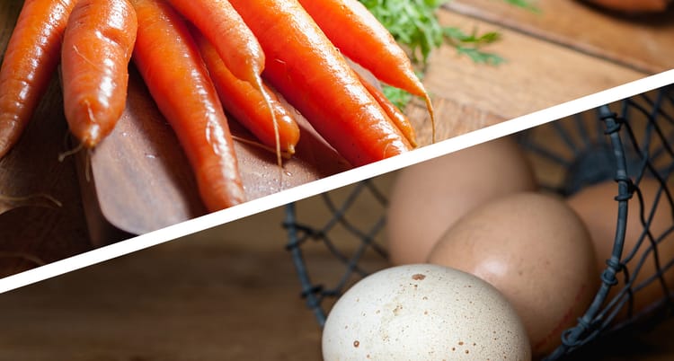 A angular split picture of a bundle of carrots on one side and four eggs on the other.