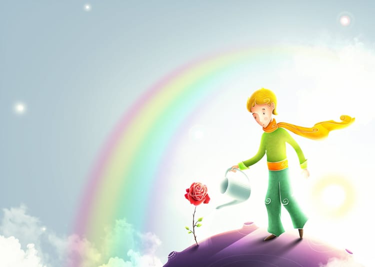 The famous Little Prince from the book waters a rose.