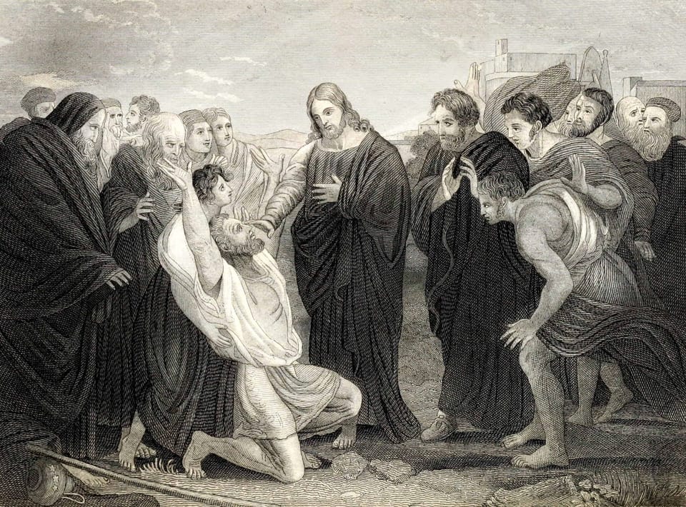 Jesus heals a man with leprosy. 