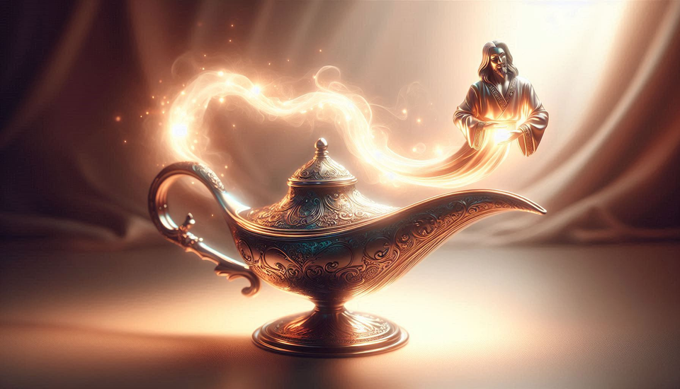 Jesus Christ is coming out of the end of a golden genie lamp.