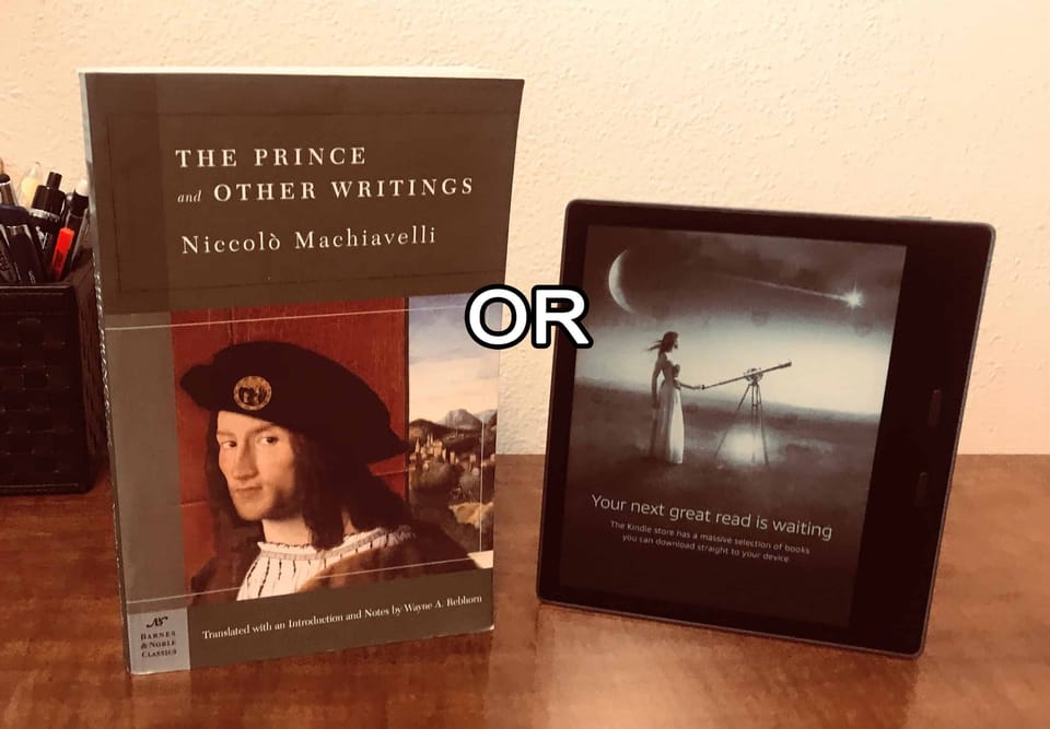 A paper book on the left and an Amazon Kindle e-reader on the right.